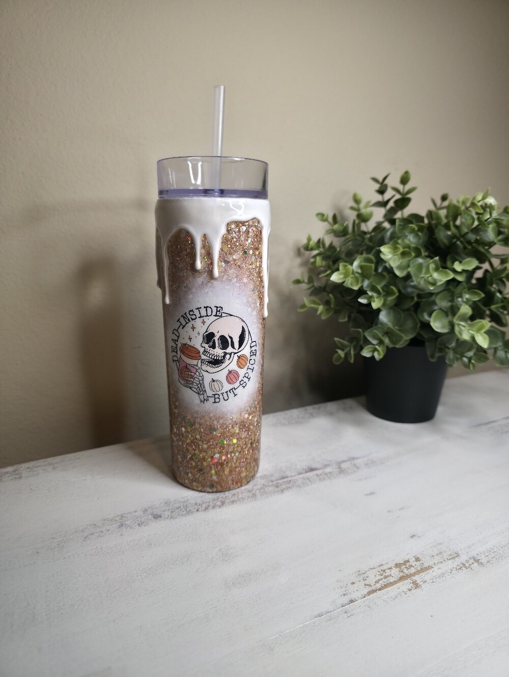 Handmade Gold Glitter Skull Tumbler with White Drip